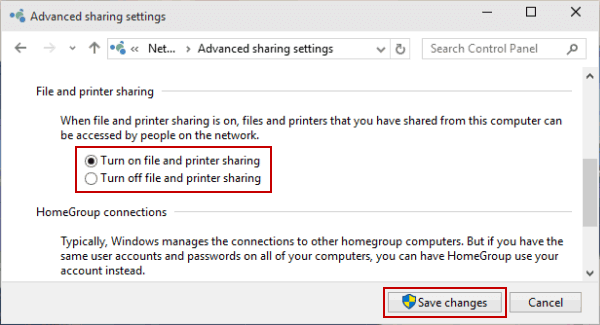 turn on or off file and printer sharing
