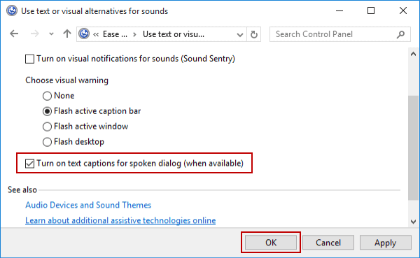 turn on text captions for spoken dialog