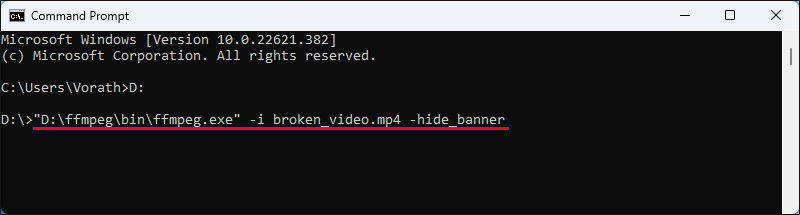 enter command to view details about broken video file