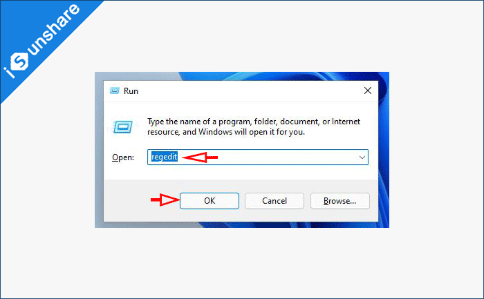 enter regedit in the Run box and click OK