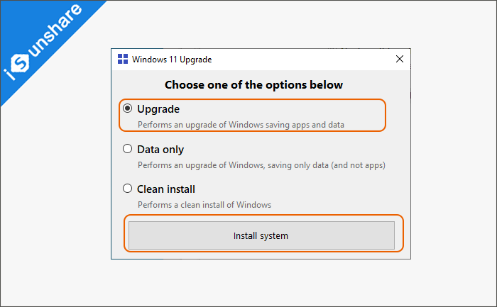 choose Upgrade to install system