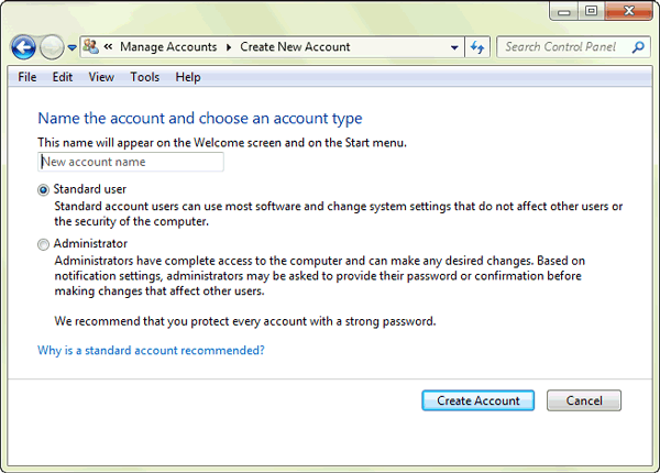 create windows 7 user account and password