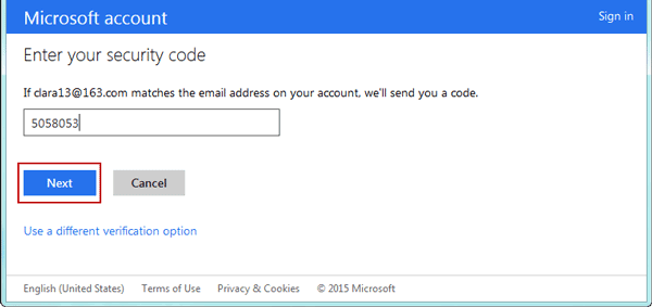 verify microsoft account with security code