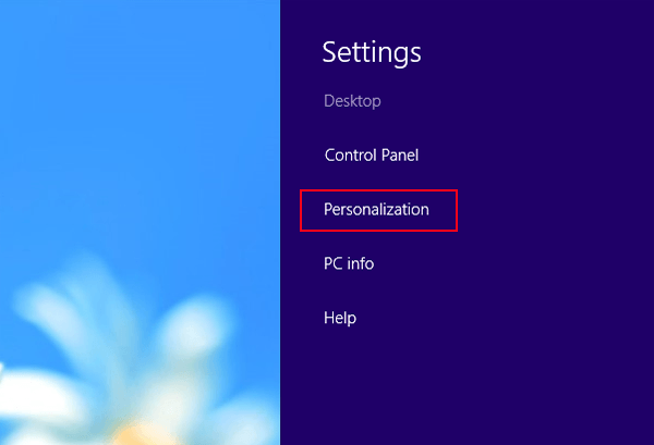 choose personalization in settings panel