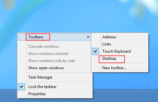 right click taskbar point at toolbars and choose desktop