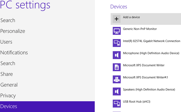 select devices under PC settings