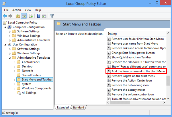 select add the run command to the start menu