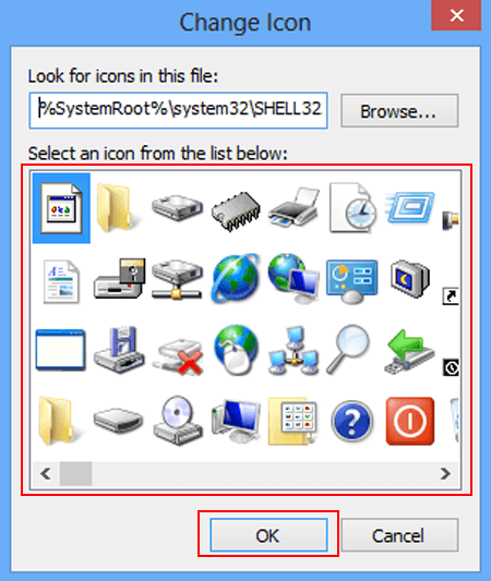 choose an icon from a list and click ok