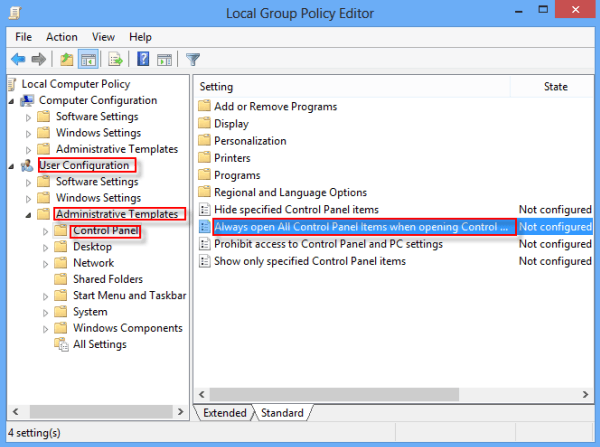 find always open all control panel items when opening control panel