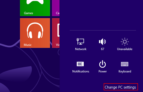 choose change pc settings in settings panel