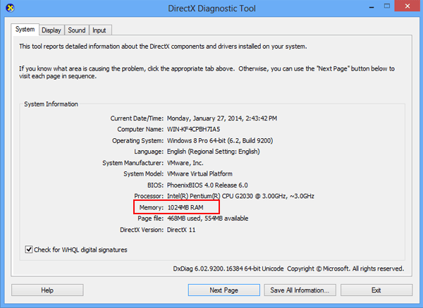 check computer memory in directx diagnostic tool