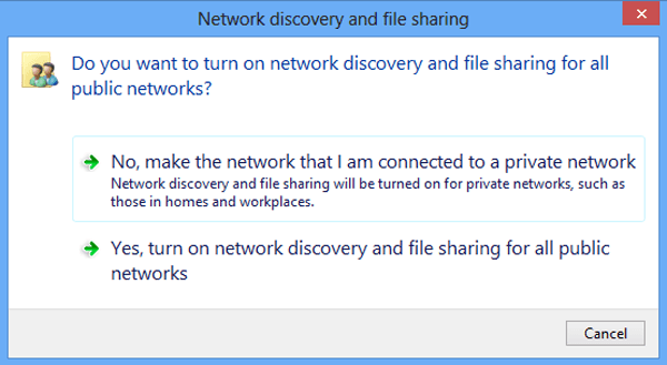 choose whether to turn on network discovery and file sharing for all public network