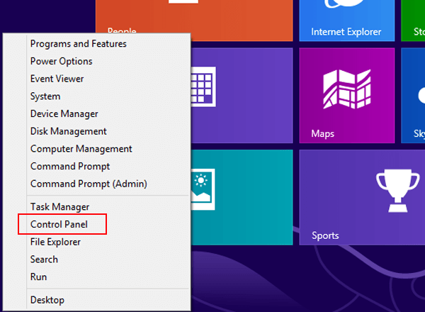 choose control panel in quick access menu