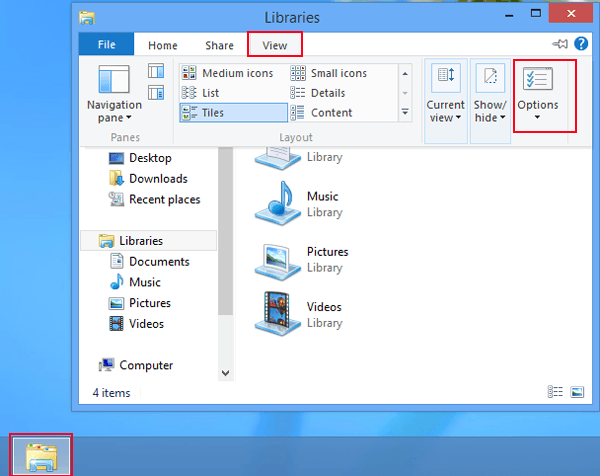 click file explorer icon choose view and tap options