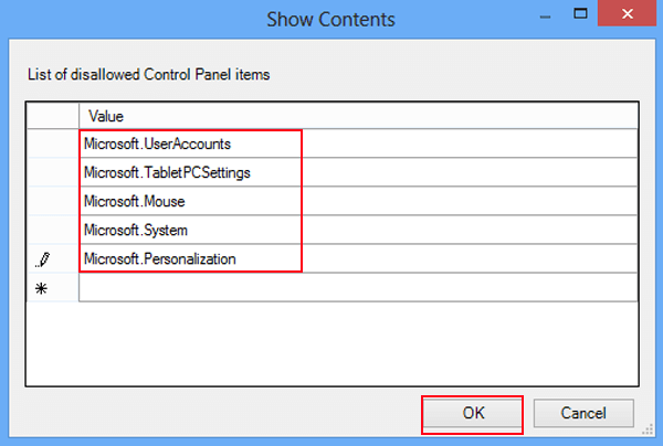input canonical names of control panel items
