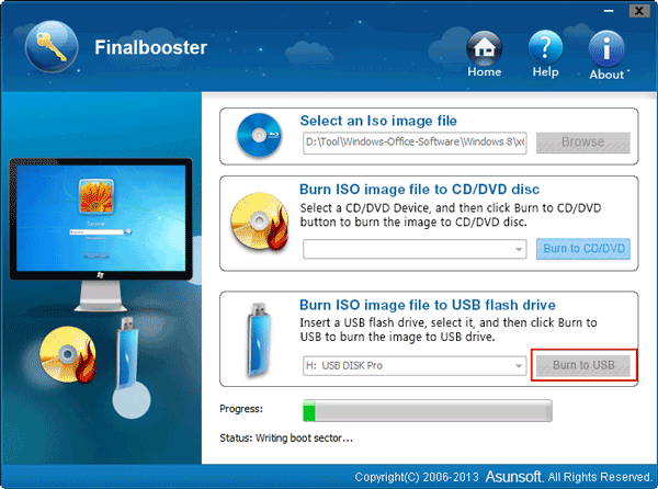 burn Windows 8 installation disk into USB drive with finalbooster
