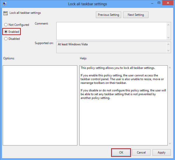 enable the settings of lock all taskbar settings