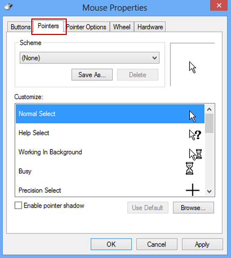 change mouse pointer in pointers tab