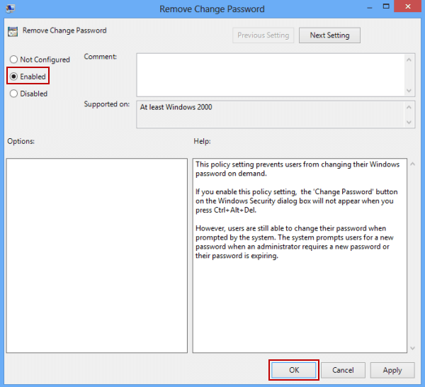 enable Remove change password setting