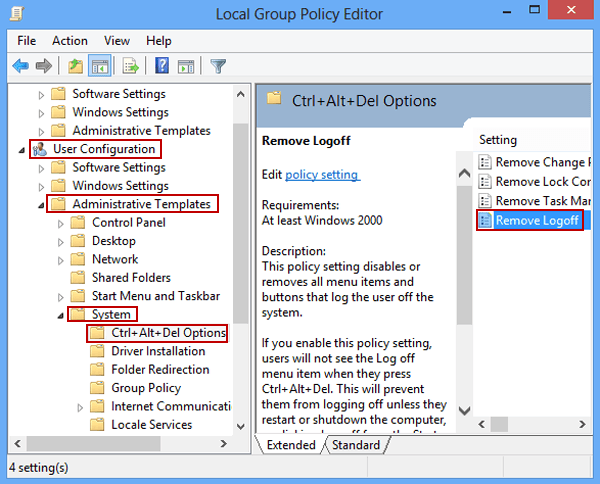 locate and double tap remove logoff setting