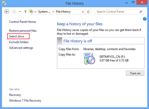 choose select drive in file history
