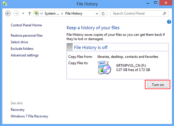 choose turn on in file history