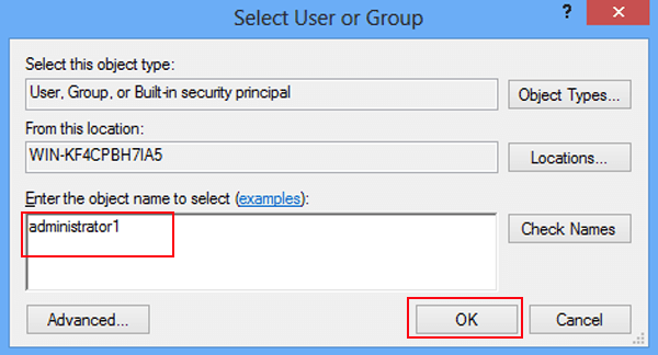 inpute user or group name and click ok