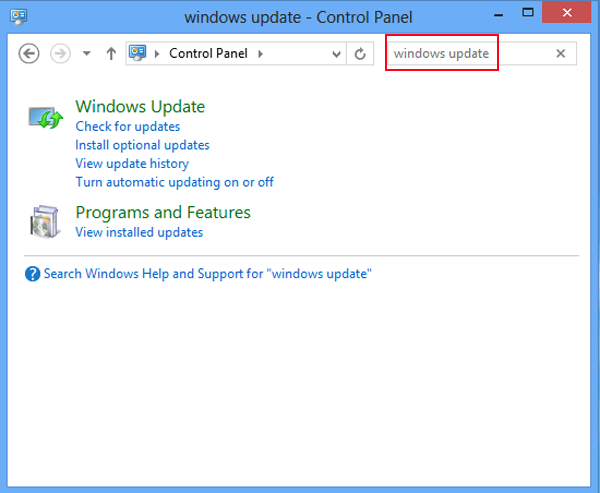 input windows update in search box