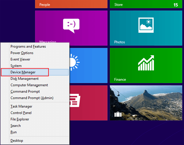 choose device manager in quick access menu