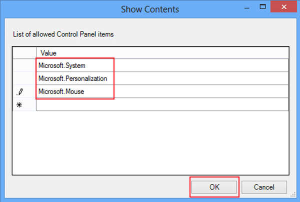 enter canonical name of control panel items and tap ok