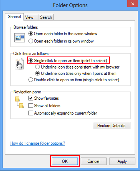 choose single click to open an item in general settings