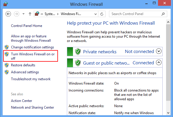 click turn windows firewall on or off