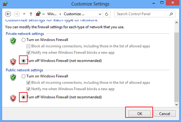 select turn off windows firewall and tap ok