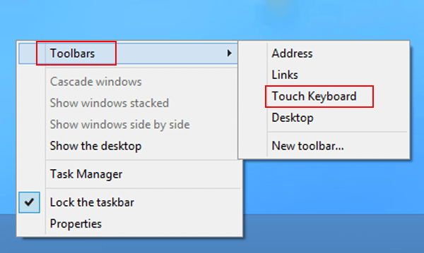 point to toolbars and select touch keyboard
