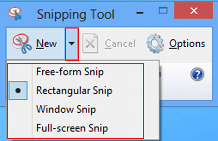 click down arrow and choose a snip type