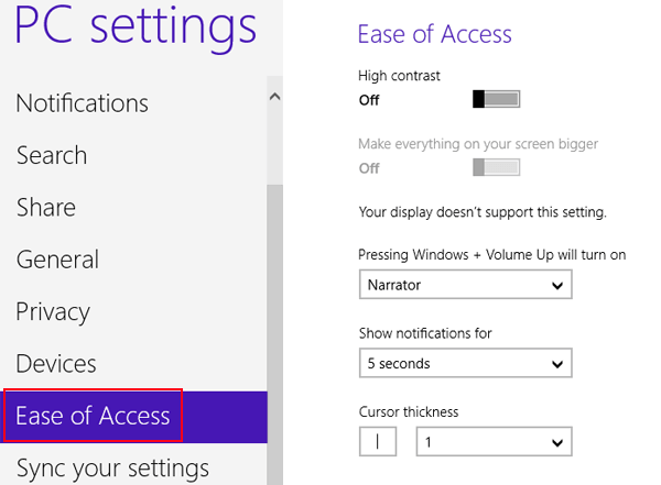 choose ease of access in pc settings