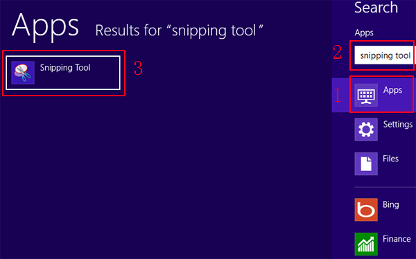 find snipping tool through search panel