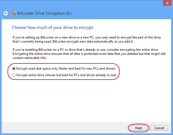 choose encrypt used disk space only or encrypt entire drive