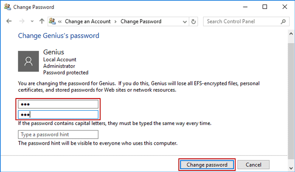 change another user's password in control panel