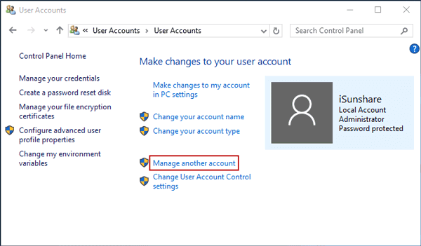 manage another account in windows 10 control panel