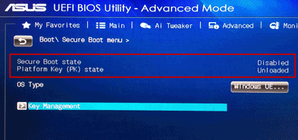 disable secure boot state in asus boot menu