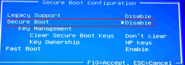 disable secure boot in hp secure boot configuration
