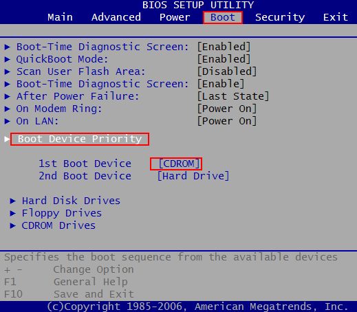 set cd as boot option in old ami bios