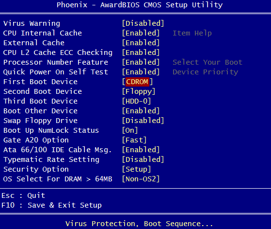 set CD as first boot option in old phoenix bios