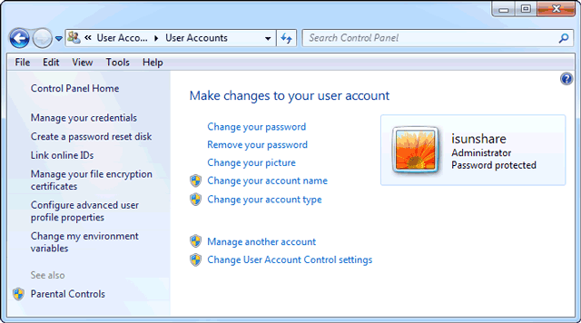 change or remove password with control panel