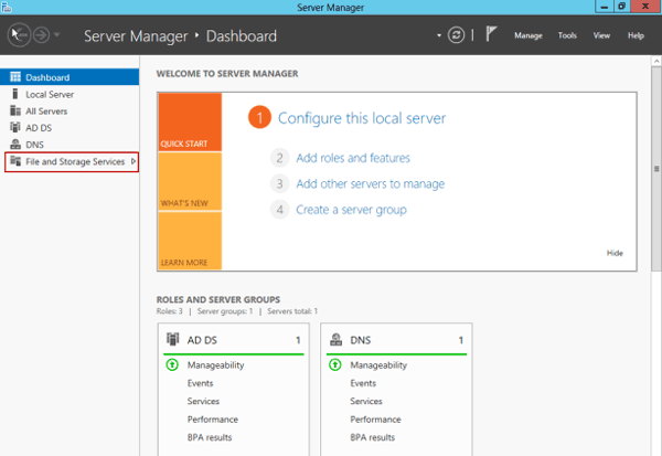 select file and storage services in server 2012