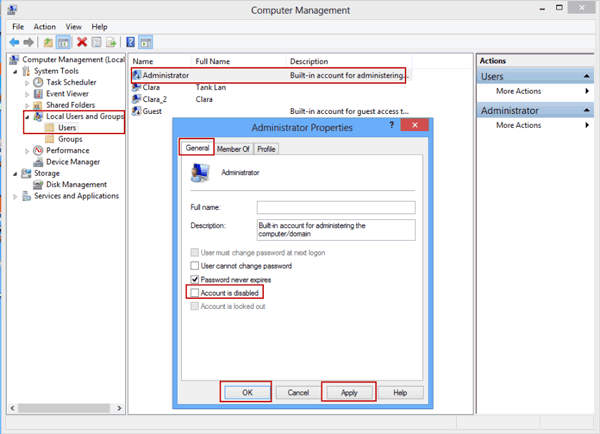 enable windows built-in administrator in MMC