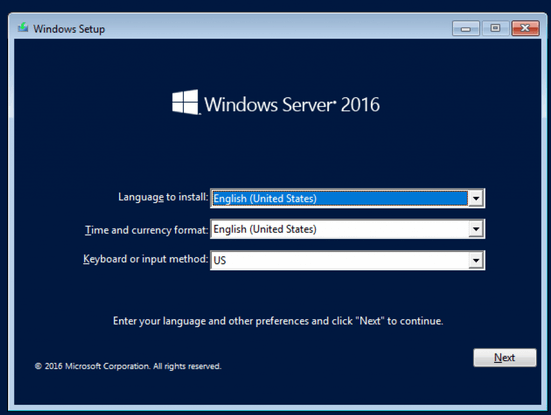 windows server 2016 setup interface