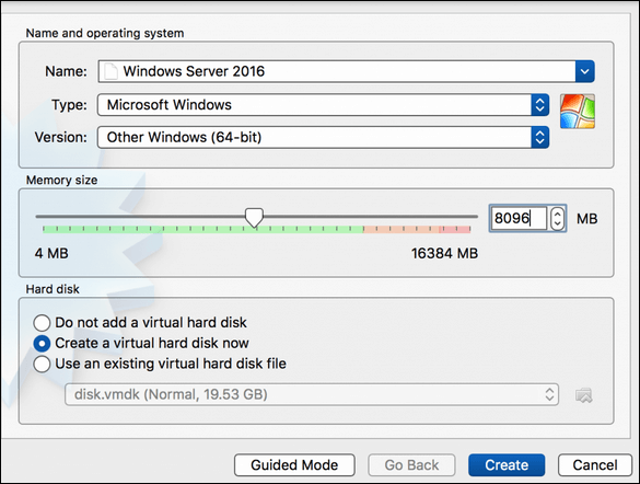 name and operating configure in virtualbox