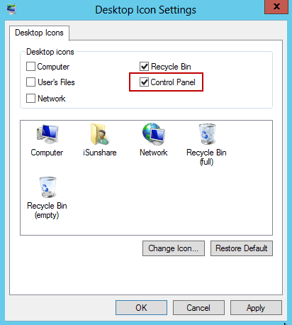 add control panel icon to server 2012 desktop